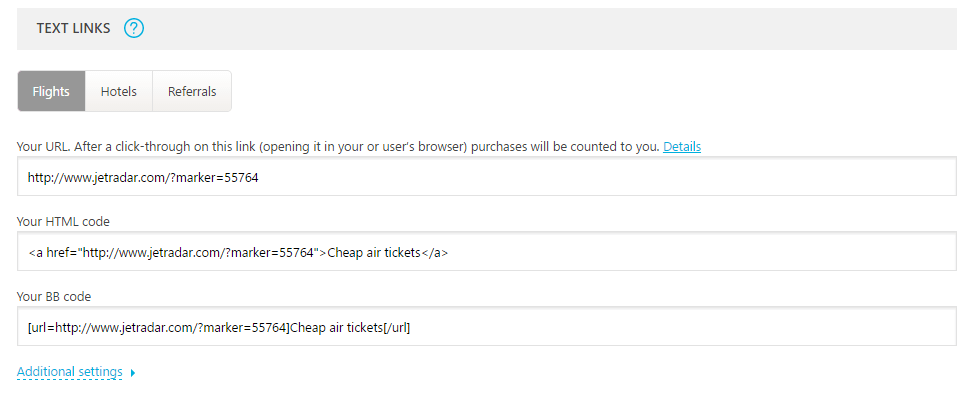 Travelpayouts Text Links Settings