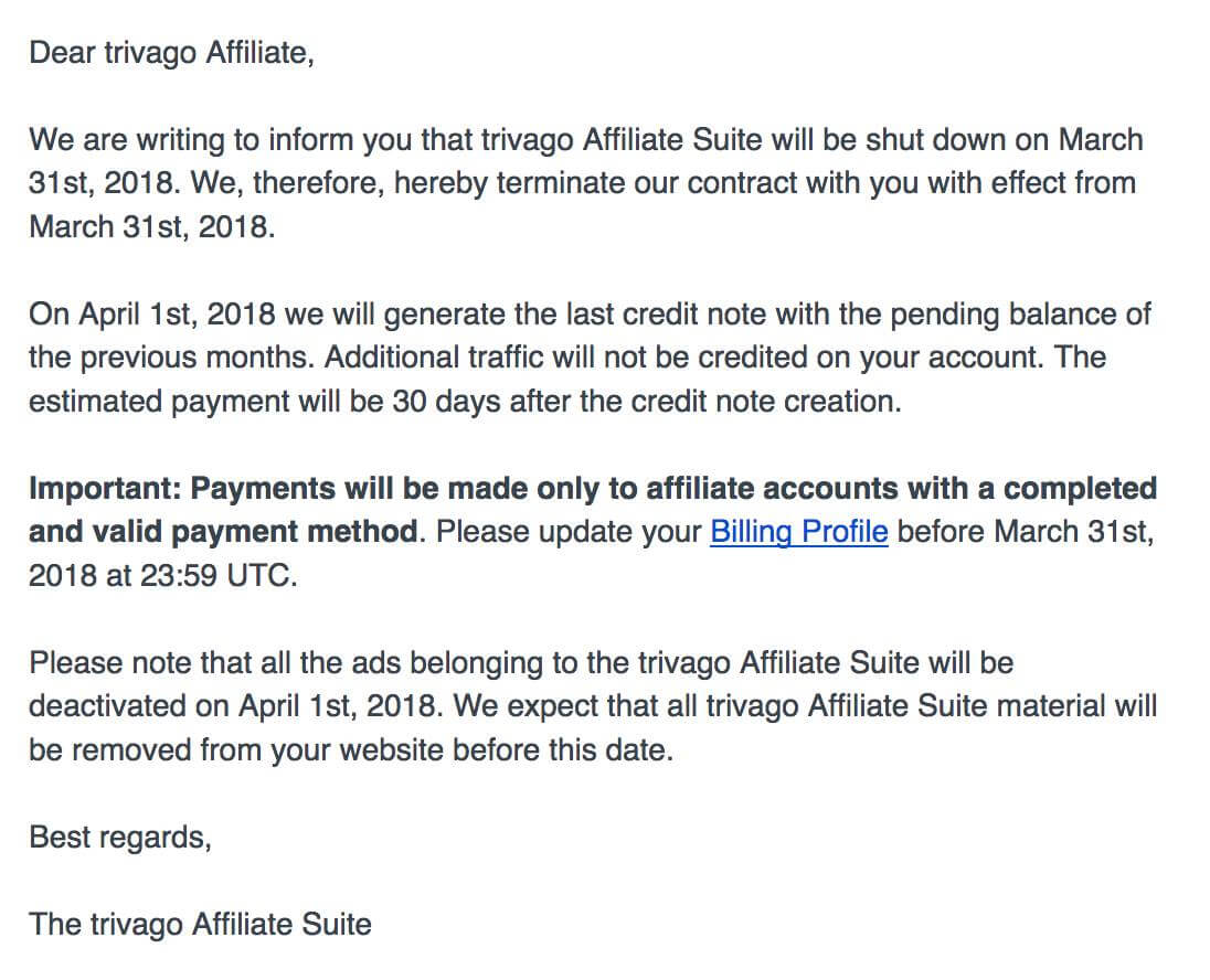 Email from Trivago Affiliate Suite