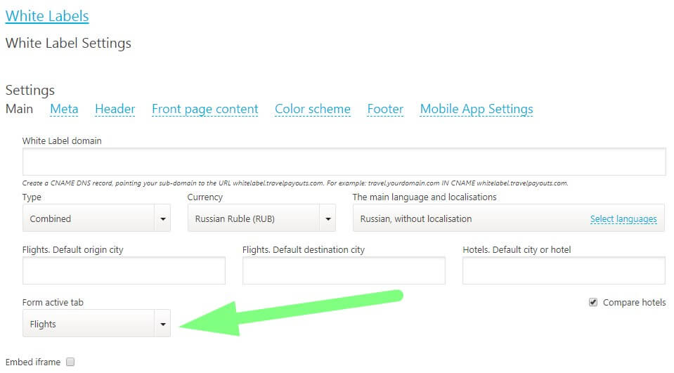 Selecting a default White Label search form