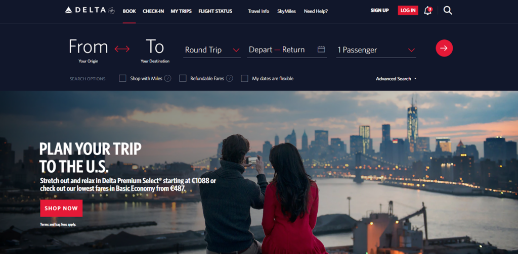 Delta Air Lines homepage