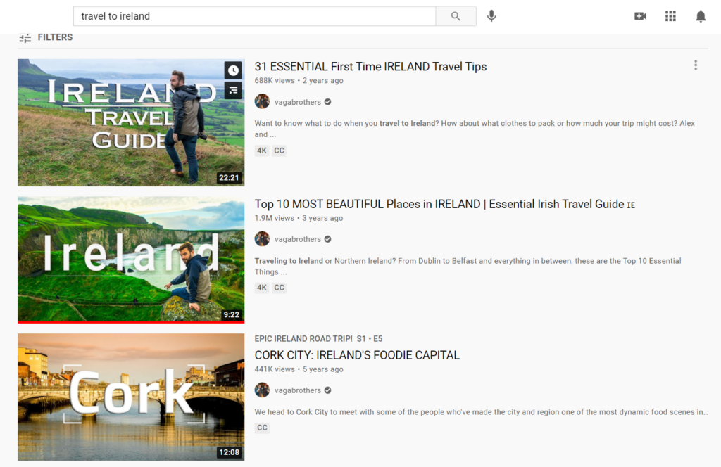 Search results on Youtube for travel to Ireland keywords