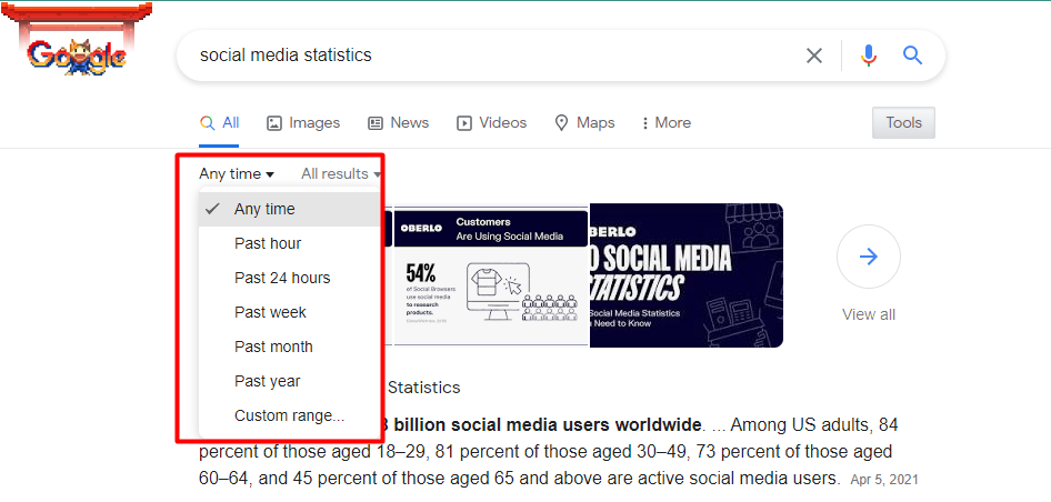 Choose a time range to filter the results