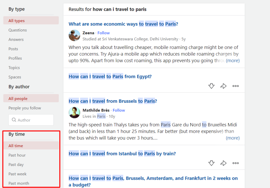 how to filter questions on quora by time