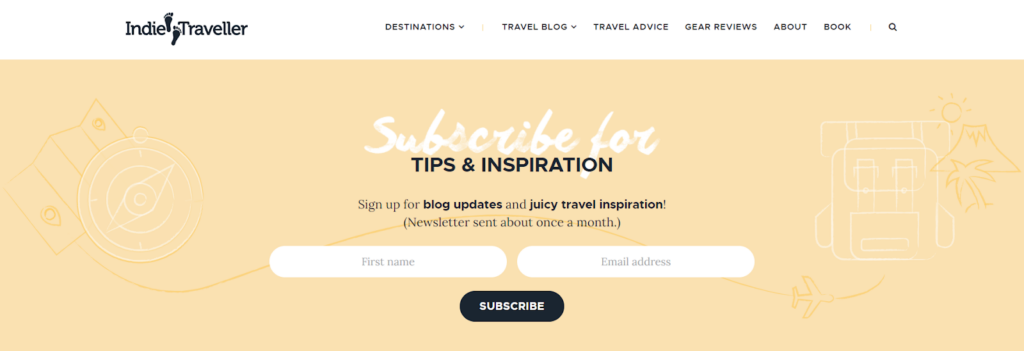 An email subscription form on the Indie Traveller blog