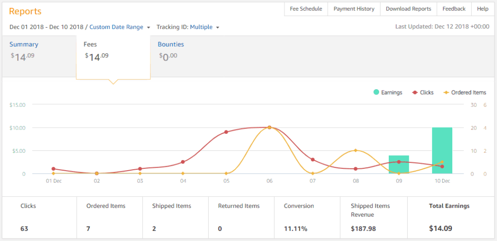 Amazon Affiliate earnings screenshot of the Niche Pursuits blog