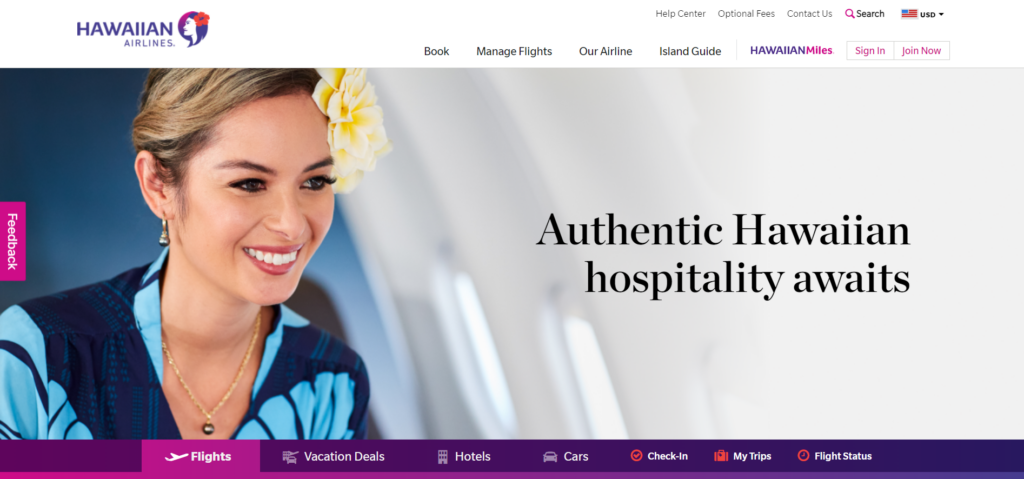 Hawaiian Airlines homepage