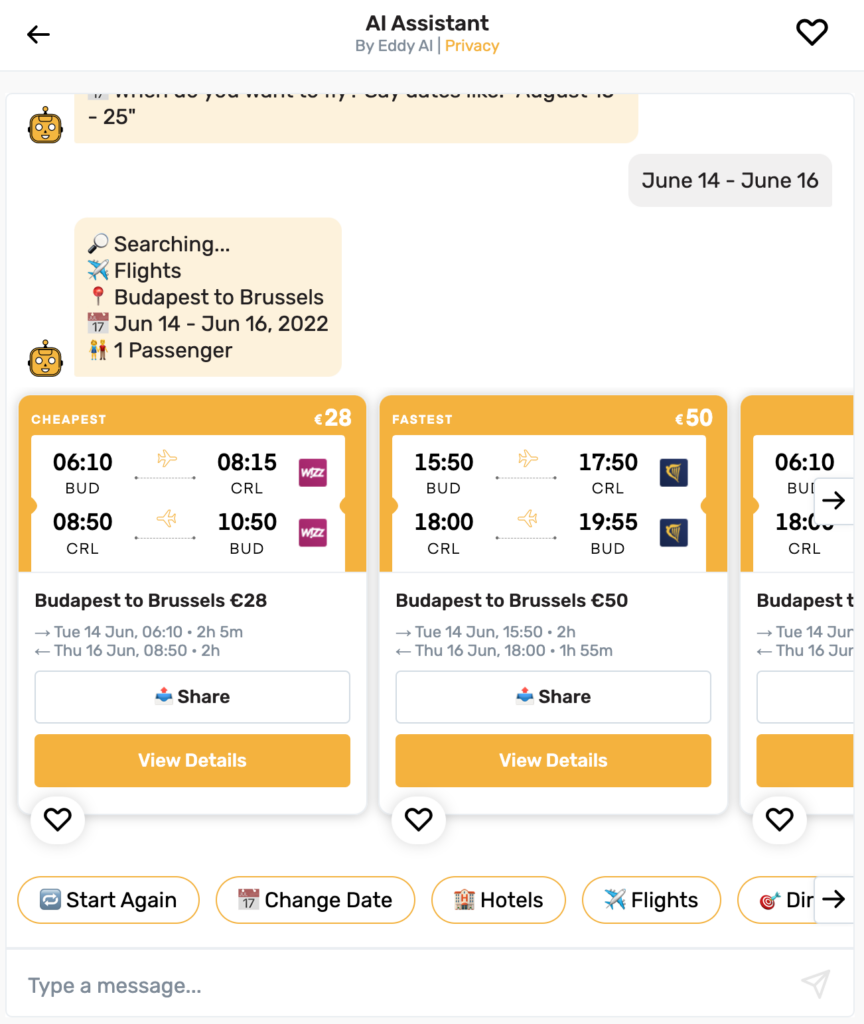 Kiwi.com Flights API in Chatbot Eddy Travels