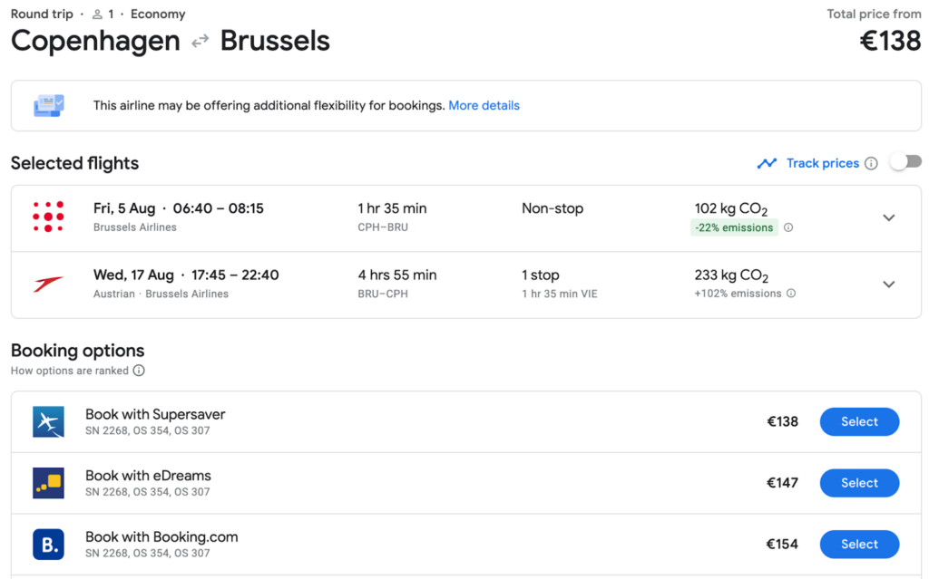 Flight ticket search on Google Flights