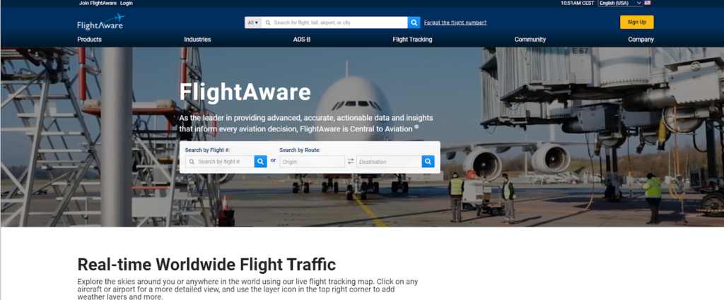 FlightAware homepage