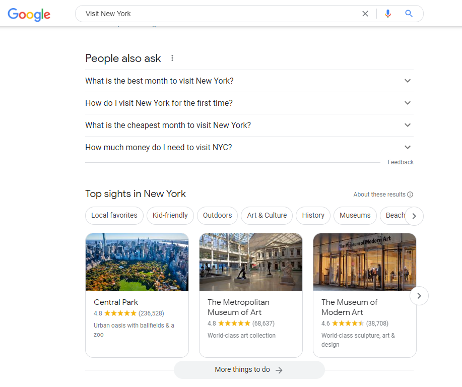 Google search for the query visit New York