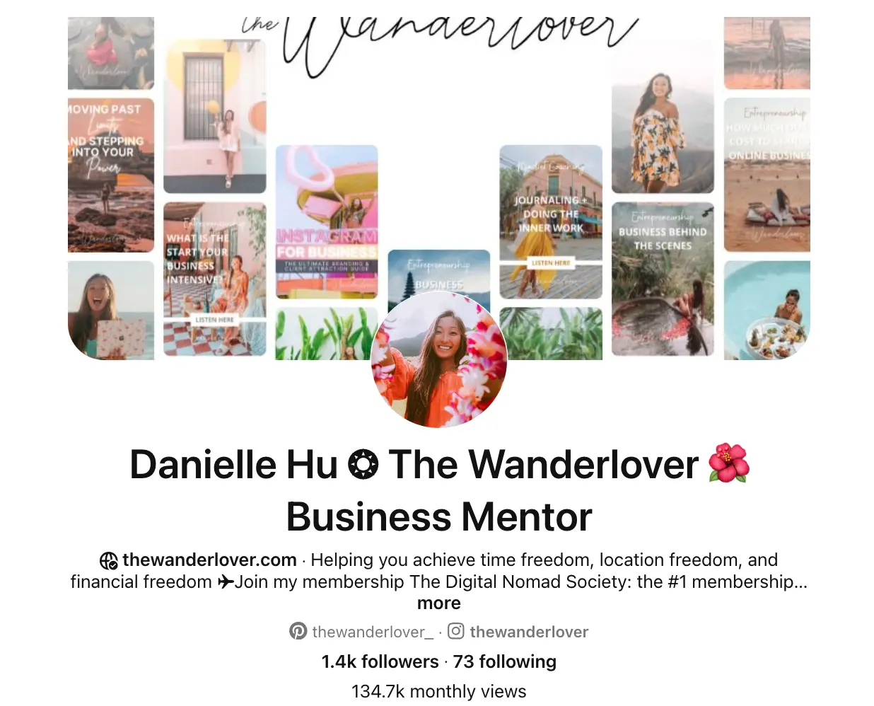 A screenshot of travel blogger Danielle Hu's Pinterest bio