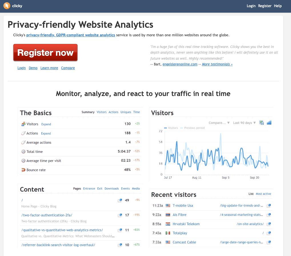 The image displays the homepage of Clicky with a headline of “Privacy-friendly Website Analytics” followed by examples of tracking metrics for content, visitors, and basic data.