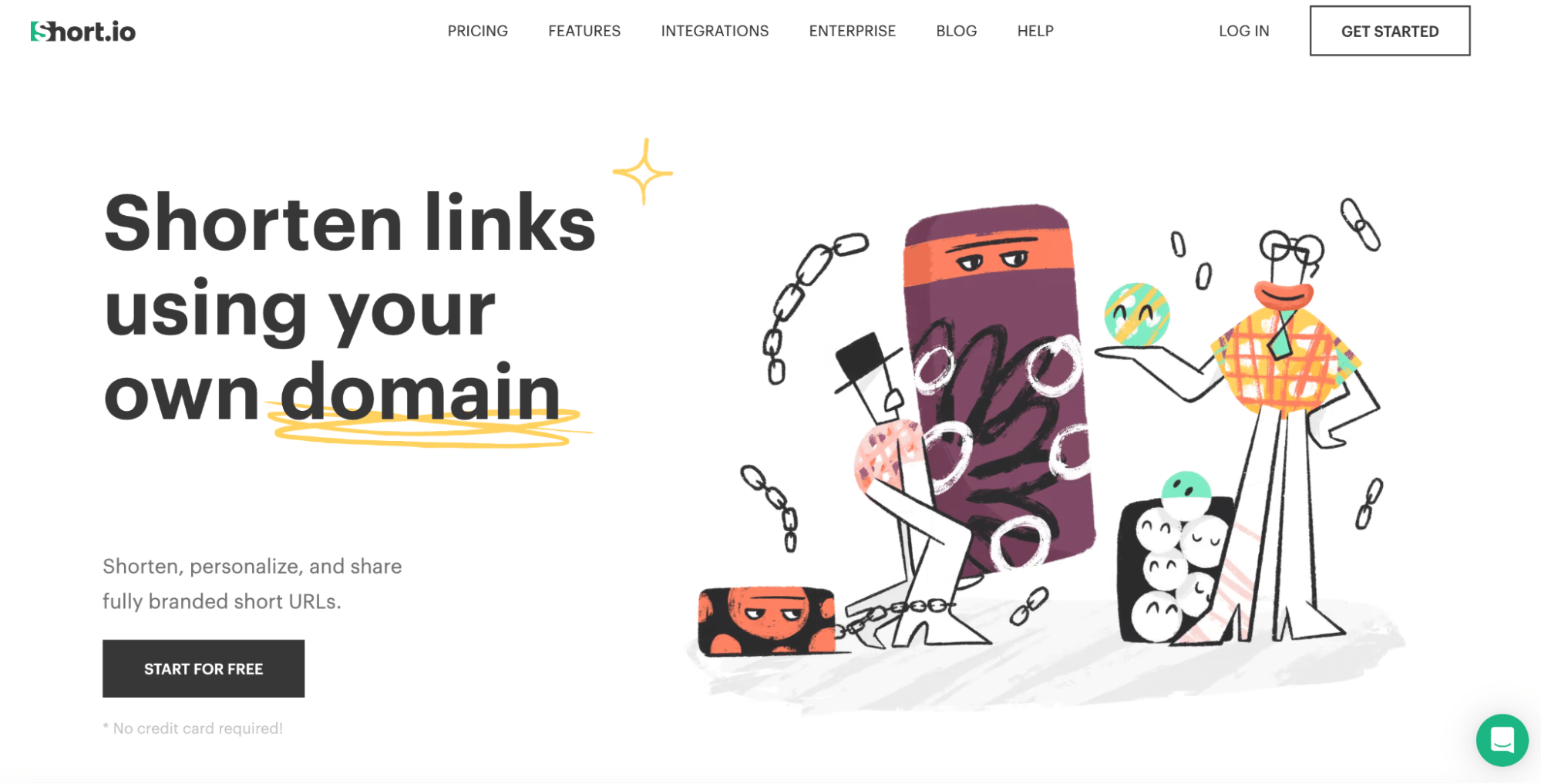The image shows the homepage for Short.io with a heading, “Shorten links using your own domain”. Off to the side is a graphic with various animated characters demonstrating the effectiveness of the link tracking software.
