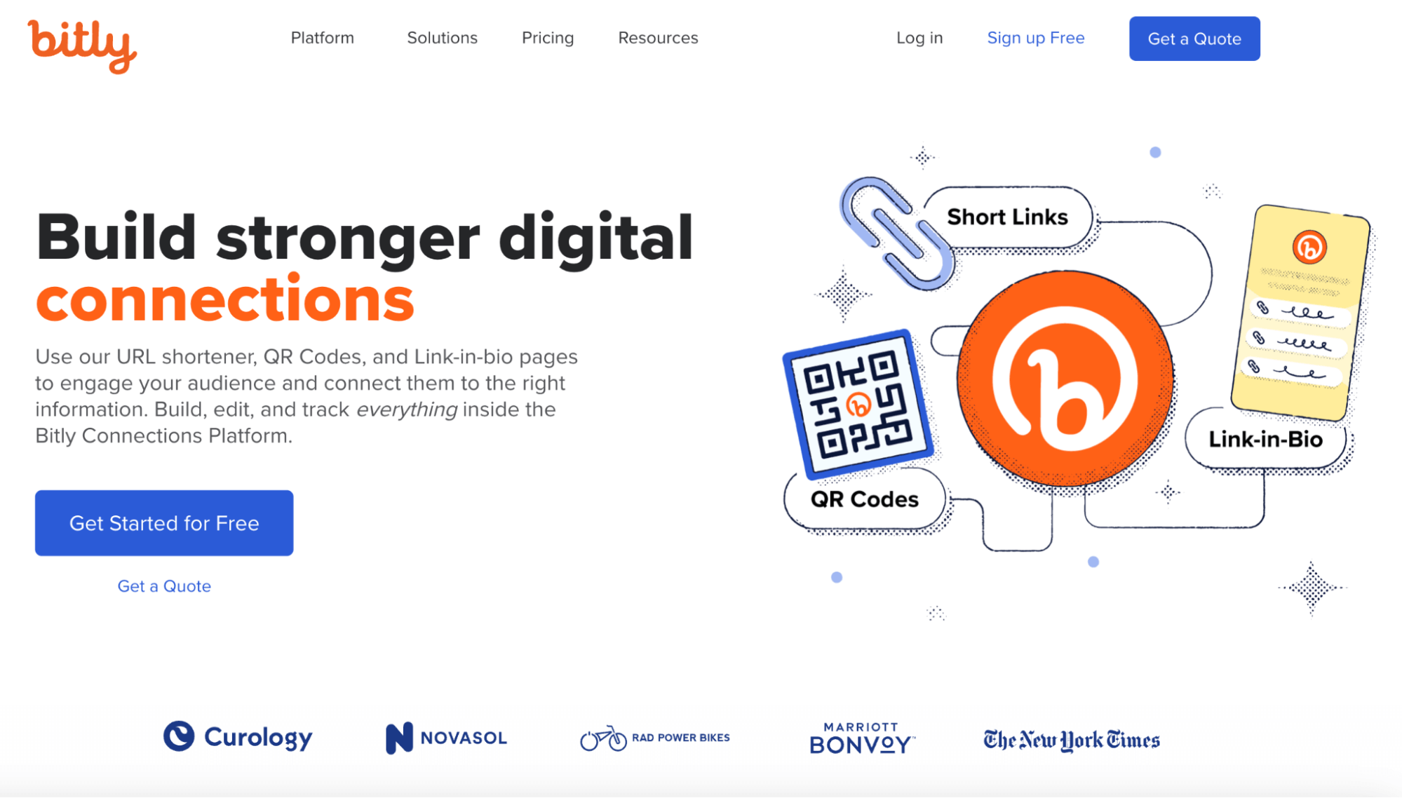 The image displays the homepage of Bitly.com with a headline, “Build stronger digital connections”. The webpage gives options for a quote and free trial. A graphic on the right displays bitly’s capabilities to generate QR codes, Link-in-Bio, and short links.