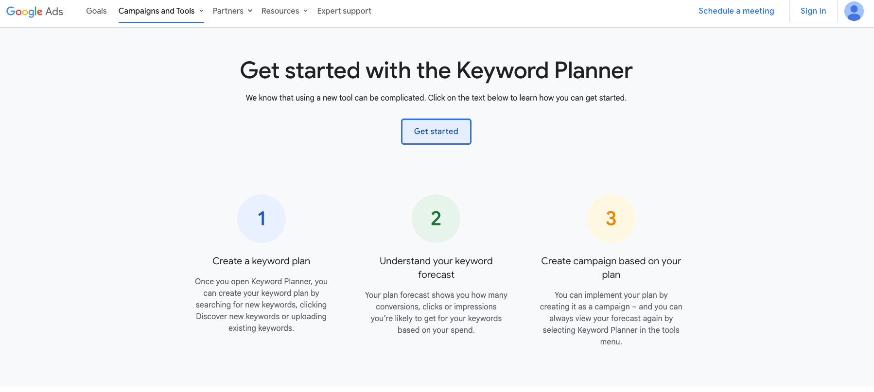 The image displays the opening webpage for Google Keyword Planner. The keyword planner helps you determine which keywords work best for your paid advertising with Google.