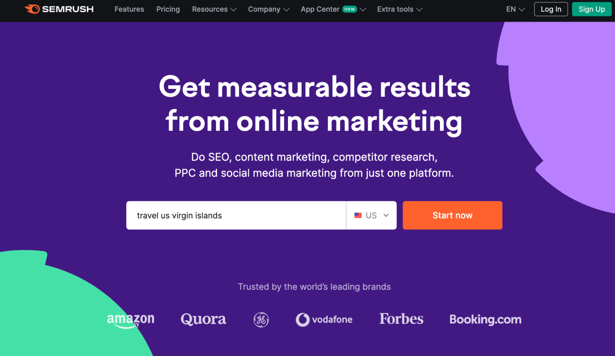 The image displays Semrush's homepage. The headline states, “Get measurable results from online marketing”. 