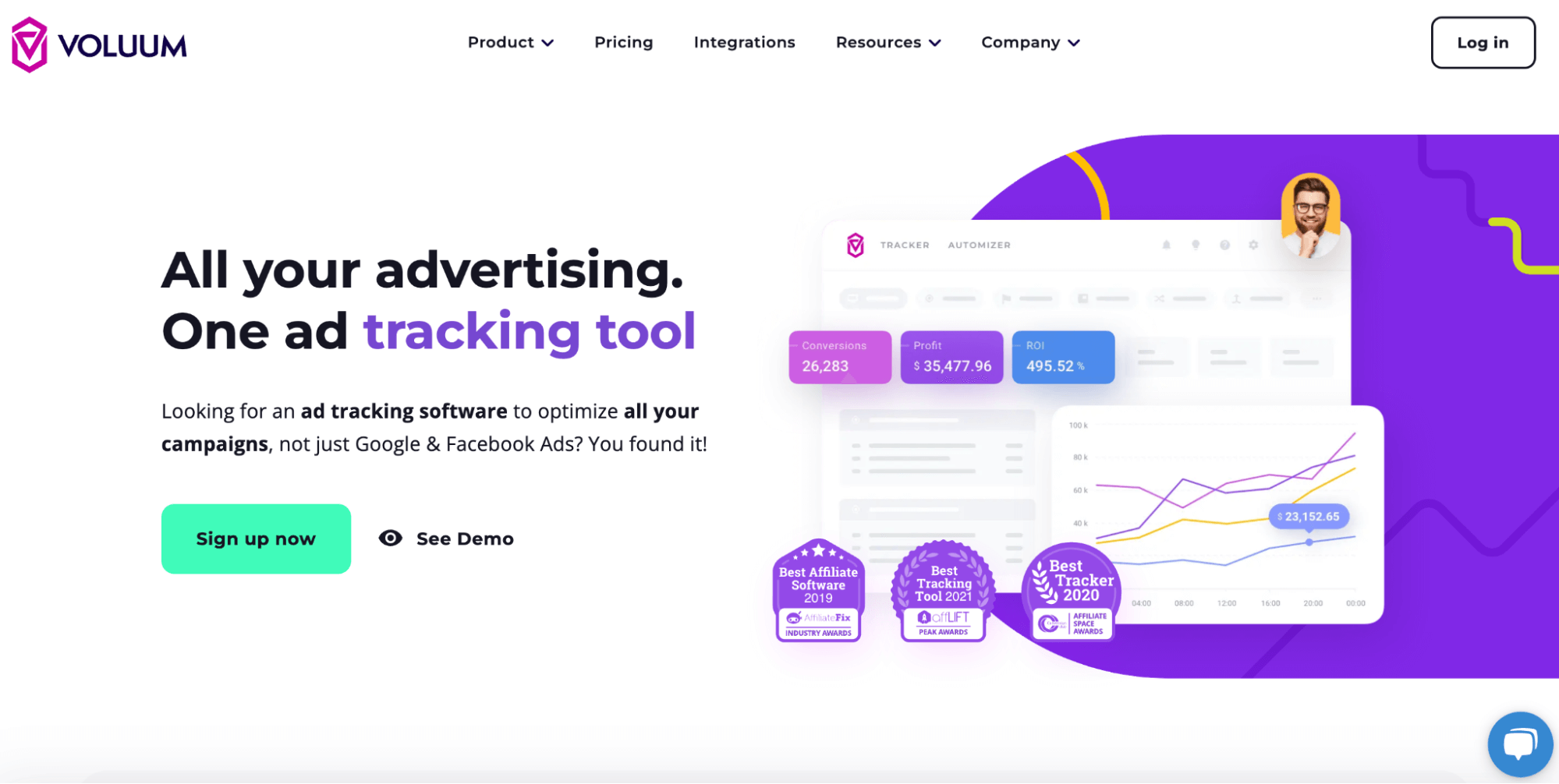 The image displays the homepage for Voluum with a heading, “All your advertising. One ad tracking tool”. The graphic to the right shows an analytics interface and multiple awards that the advertisement, link, click tracker has received.