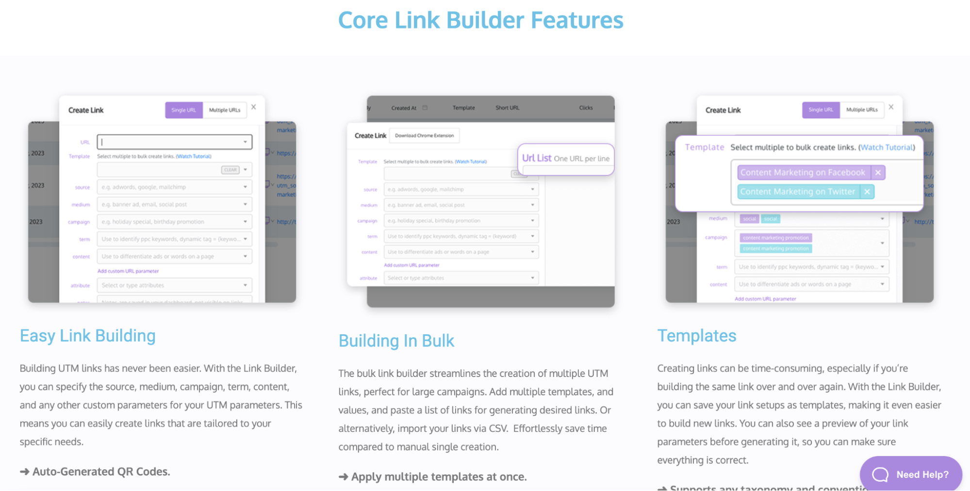 The image displays a section of UTM.io webpage demonstrating the usefulness of the tool for Core Link builder features including easy link building, building in bulk, and templates.