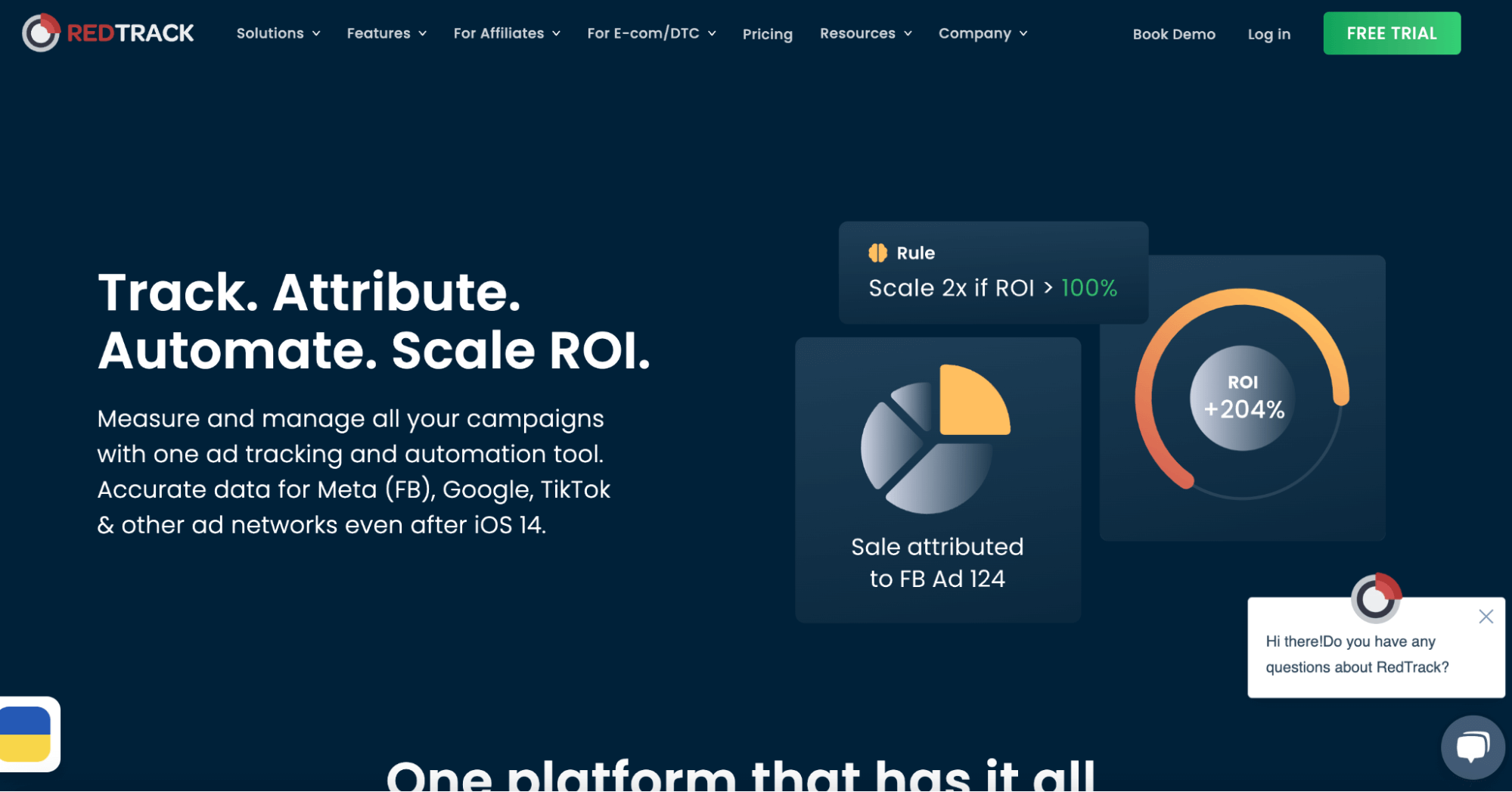 The image shows the homepage for RedTrack.io with the headline, “Track. Attribute. Automate. Scale ROI.” The other half of the webpage shows examples of simple graphs and images displaying an increase in ROI.