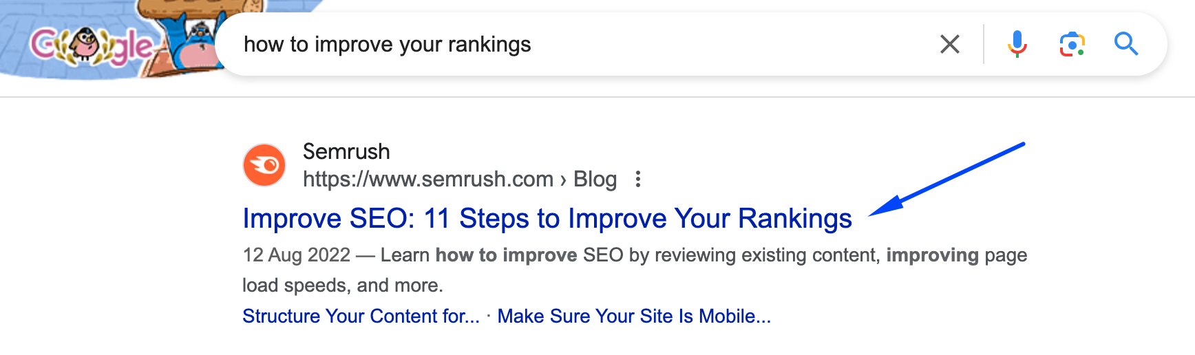 A screenshot of the SERP page featuring an SEO title