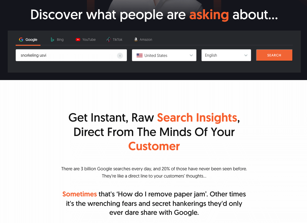 The image displays the homepage for Answer the Public, including a search bar to discover what questions people are asking on Google, Bing, YouTube, TikTok, and Amazon.