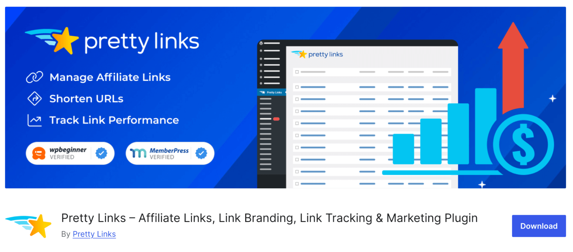 The image displays Pretty Links’ plug-in service on WordPress. The graphic demonstrates an increase of sales using their software for managing affiliate links, shortening URLs, and tracking link performance.