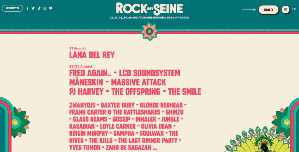 Homepage of the Rock en Seine music festival in France, Saint-Cloud, near Paris