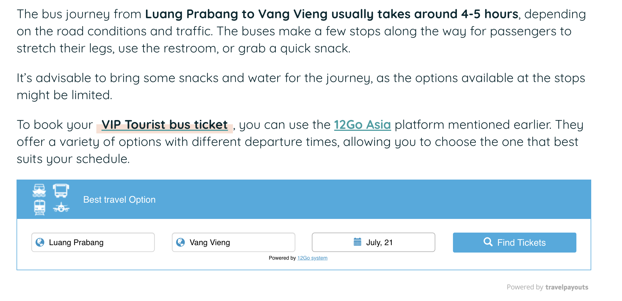 Widget of the 12Go partner program in the guide on Laos on pasportandstamps.com