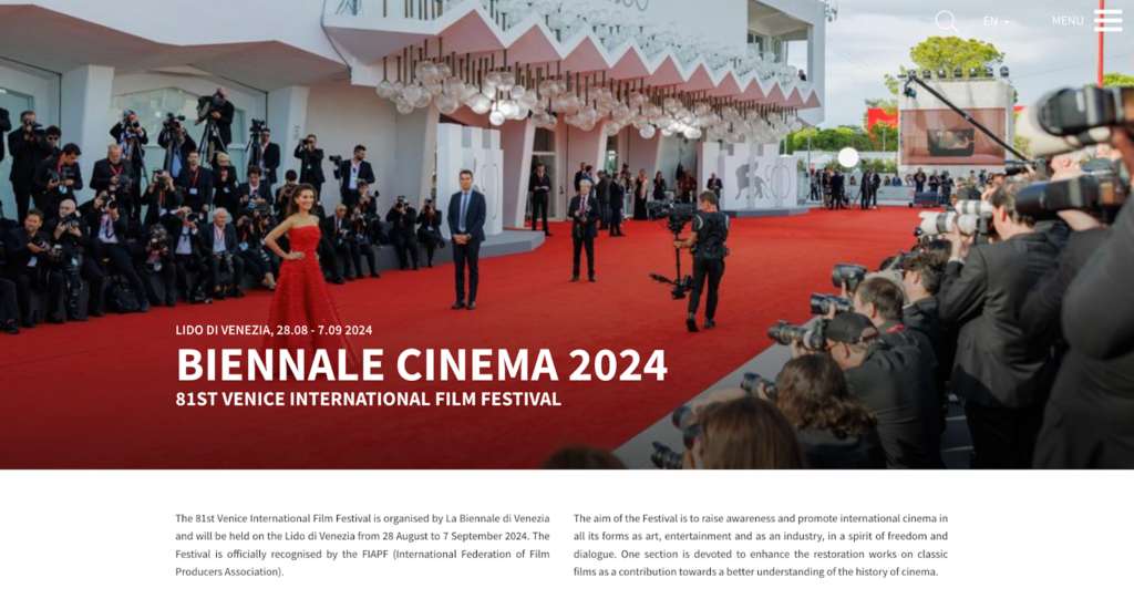 Homepage of the Venice Film Festival in Italy, Venice