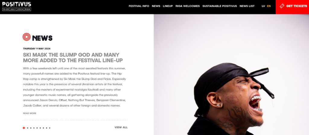 Homepage of the Positivus music festival in Riga, Latvia