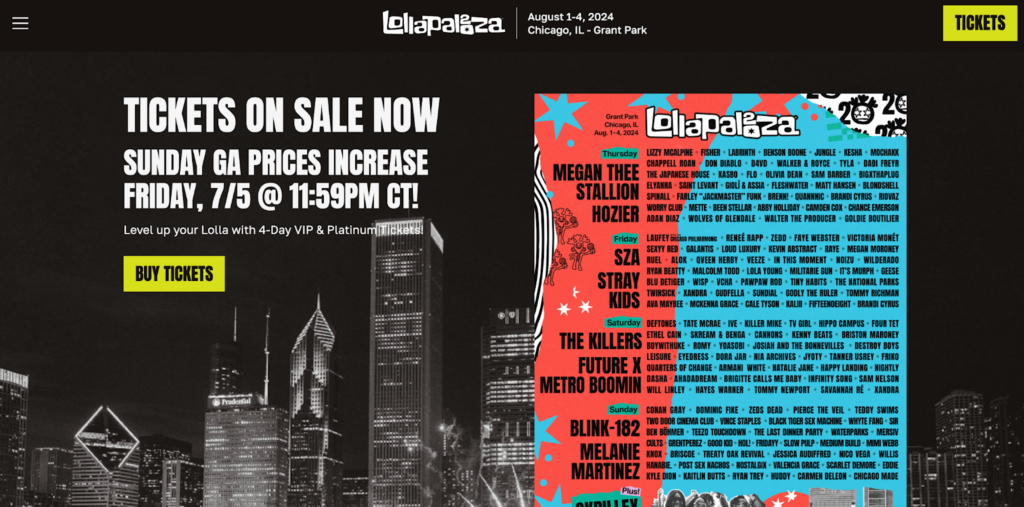 Homepage of the Lollapalooza music festival in Chicago, USA