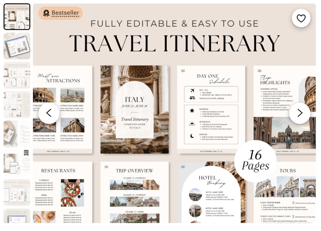 Travel itinerary from Esty store
