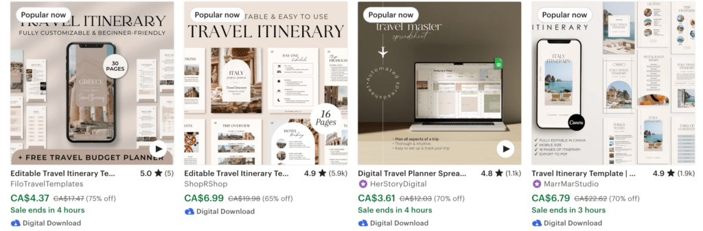 Etsy search page for keyword Travel Itinerary