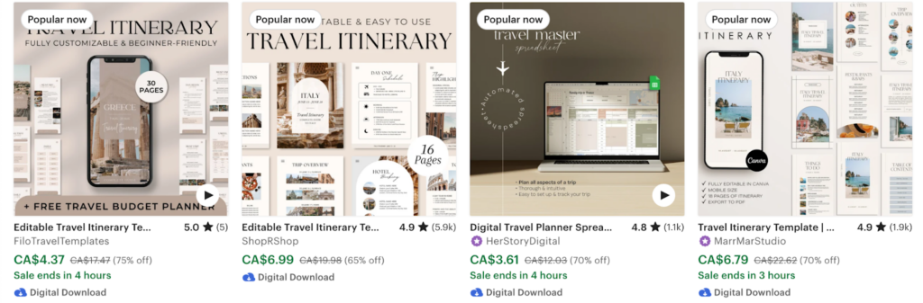 Travel itineraries on Etsy