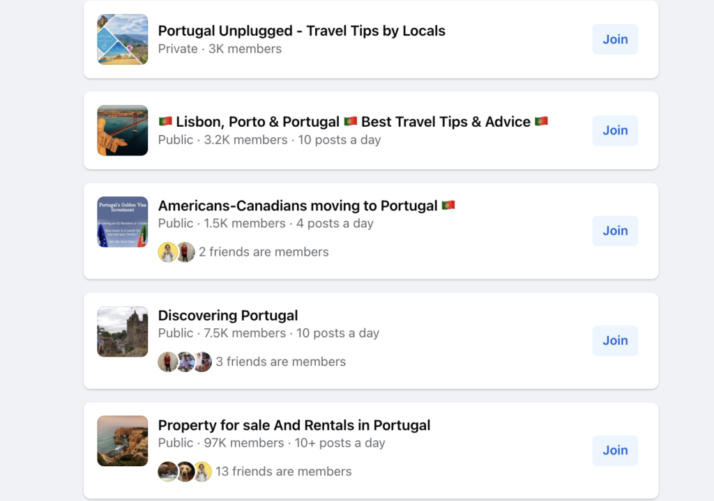 Portugal travel groups on Facebook