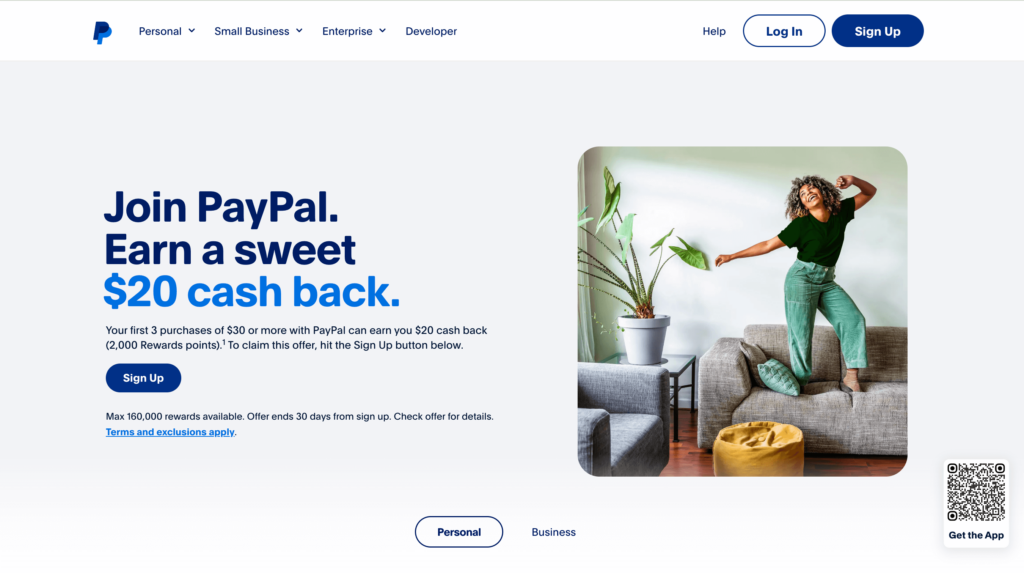 Frontpage of PayPal website