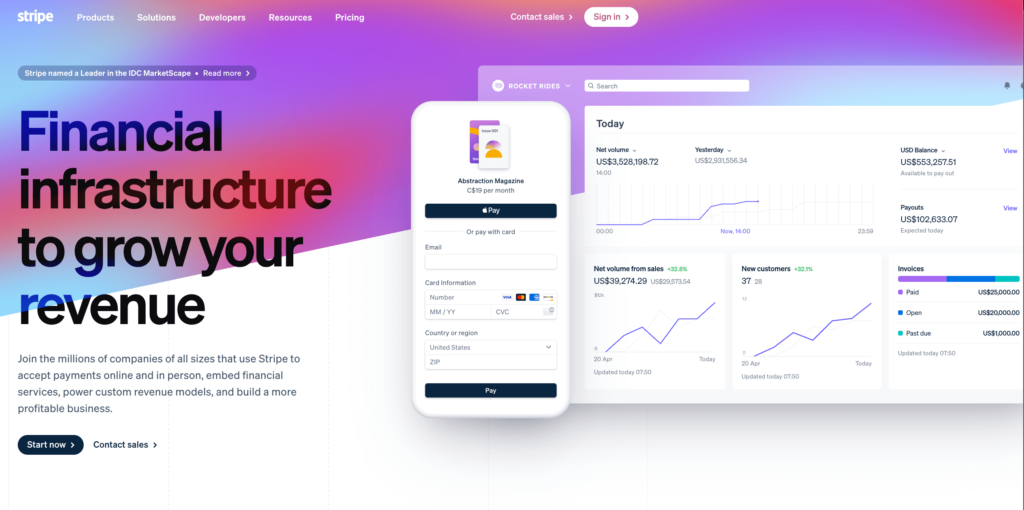 Frontpage of Stripe website