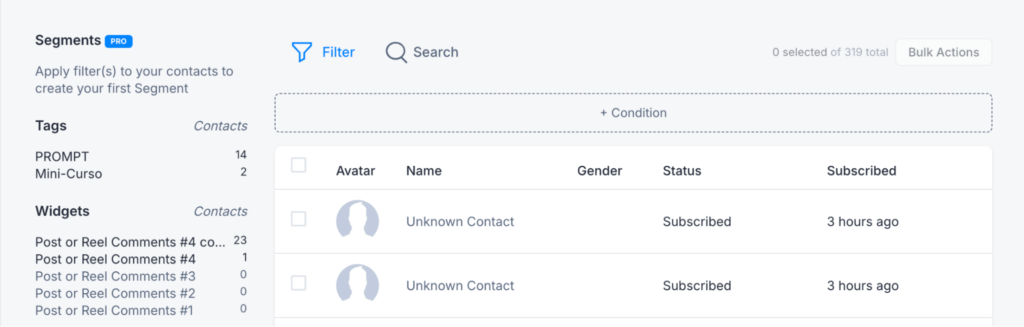 Contacts section of Manychat