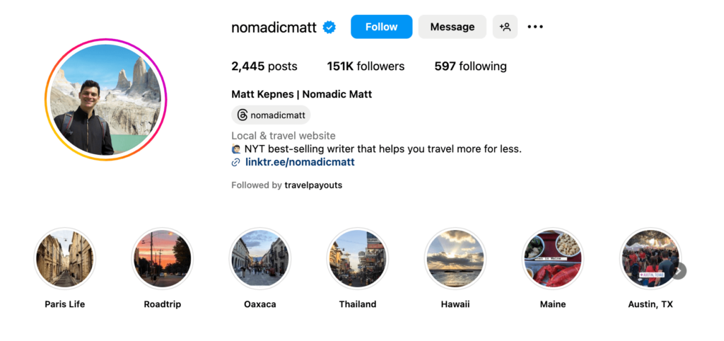 Nomadic Matt's Instagram Bio