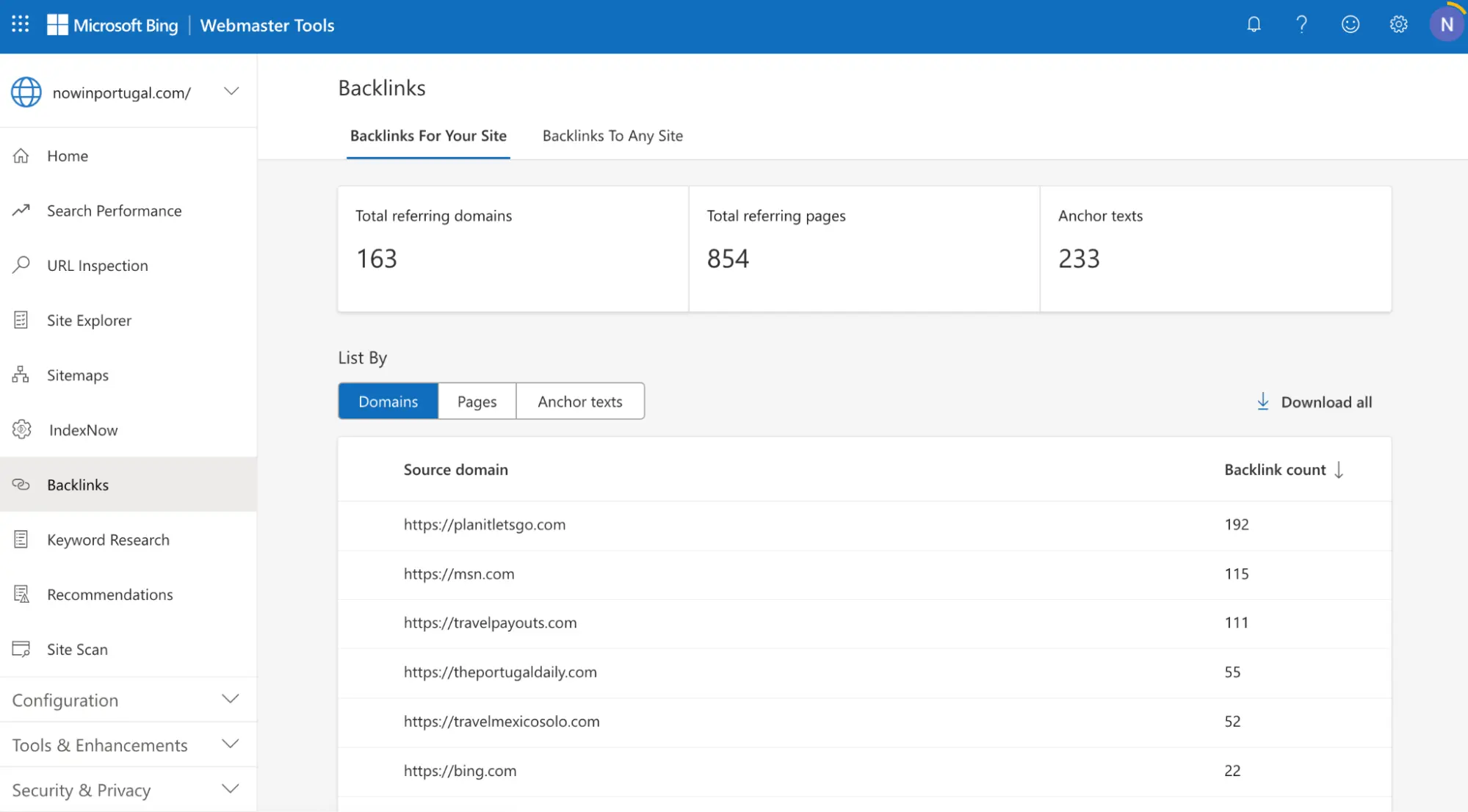 Backlink report in Bing Webmaster Tools with detailed metrics.