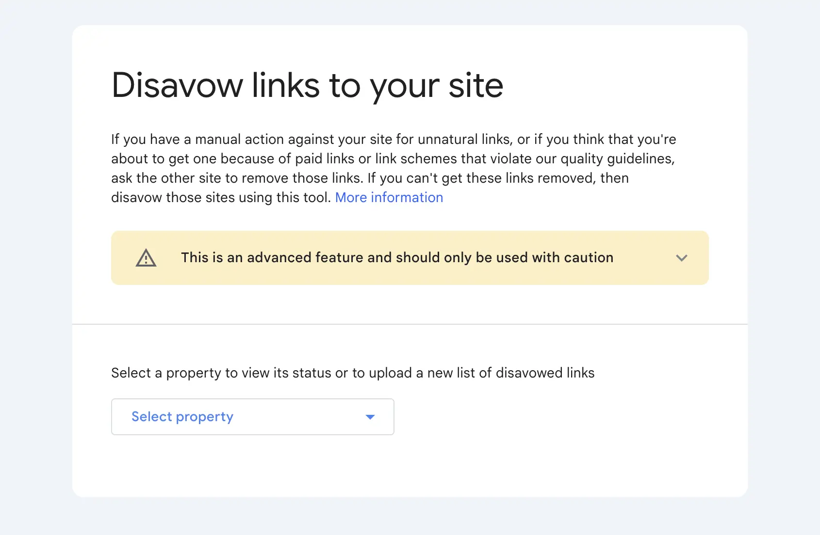 Google Disavow Tool interface showing advanced warning and options to select a property.