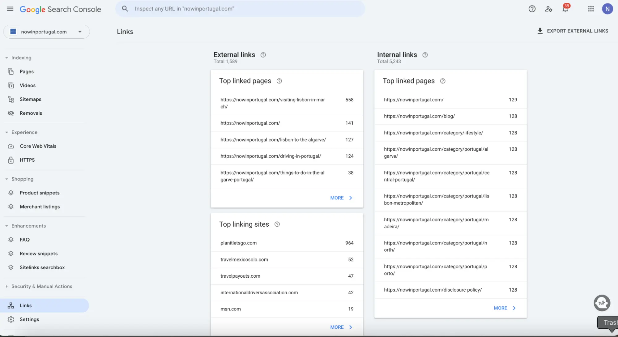 Google Search Console dashboard displaying external link report