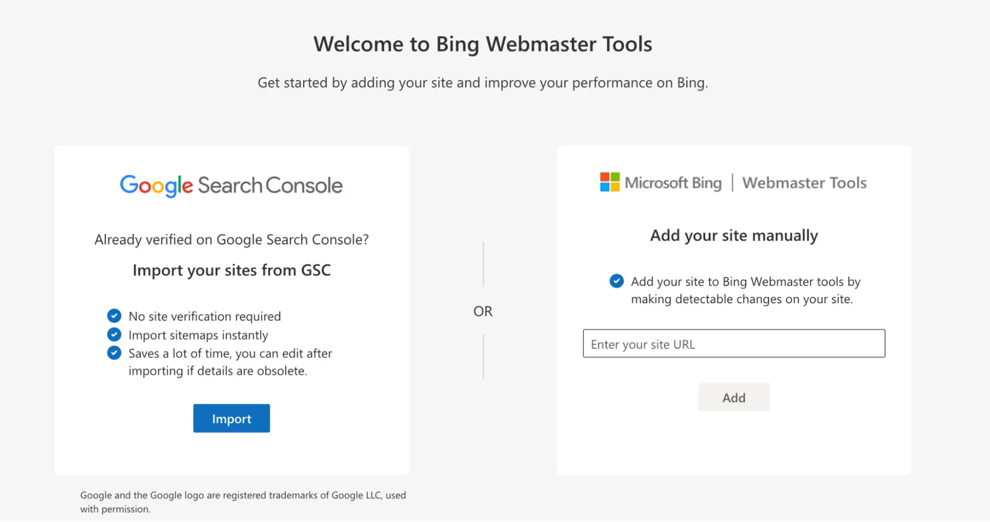 Bing Webmaster Tools setup page with options to import sites from Google Search Console or add manually.