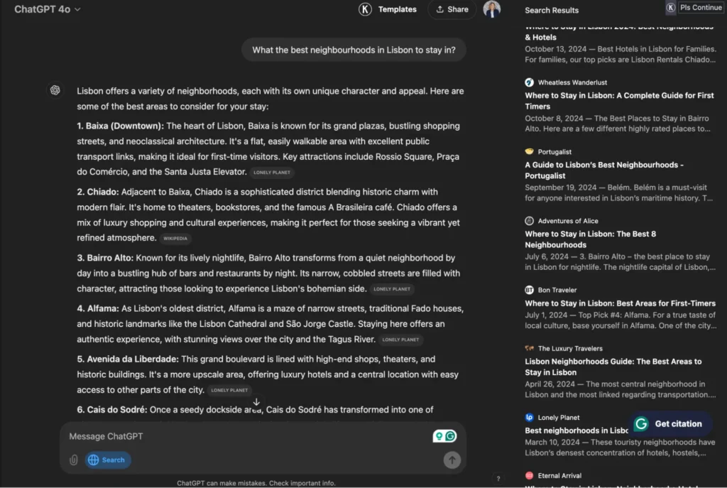 SearchGPT query for the best neighborhoods in Lisbon.