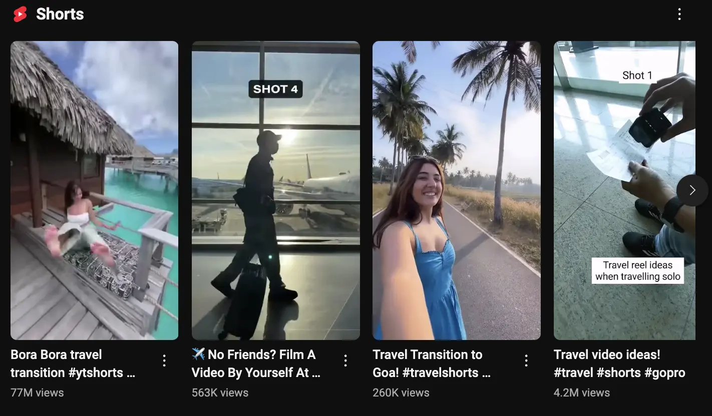 Four different travel videos on Youtube Shorts