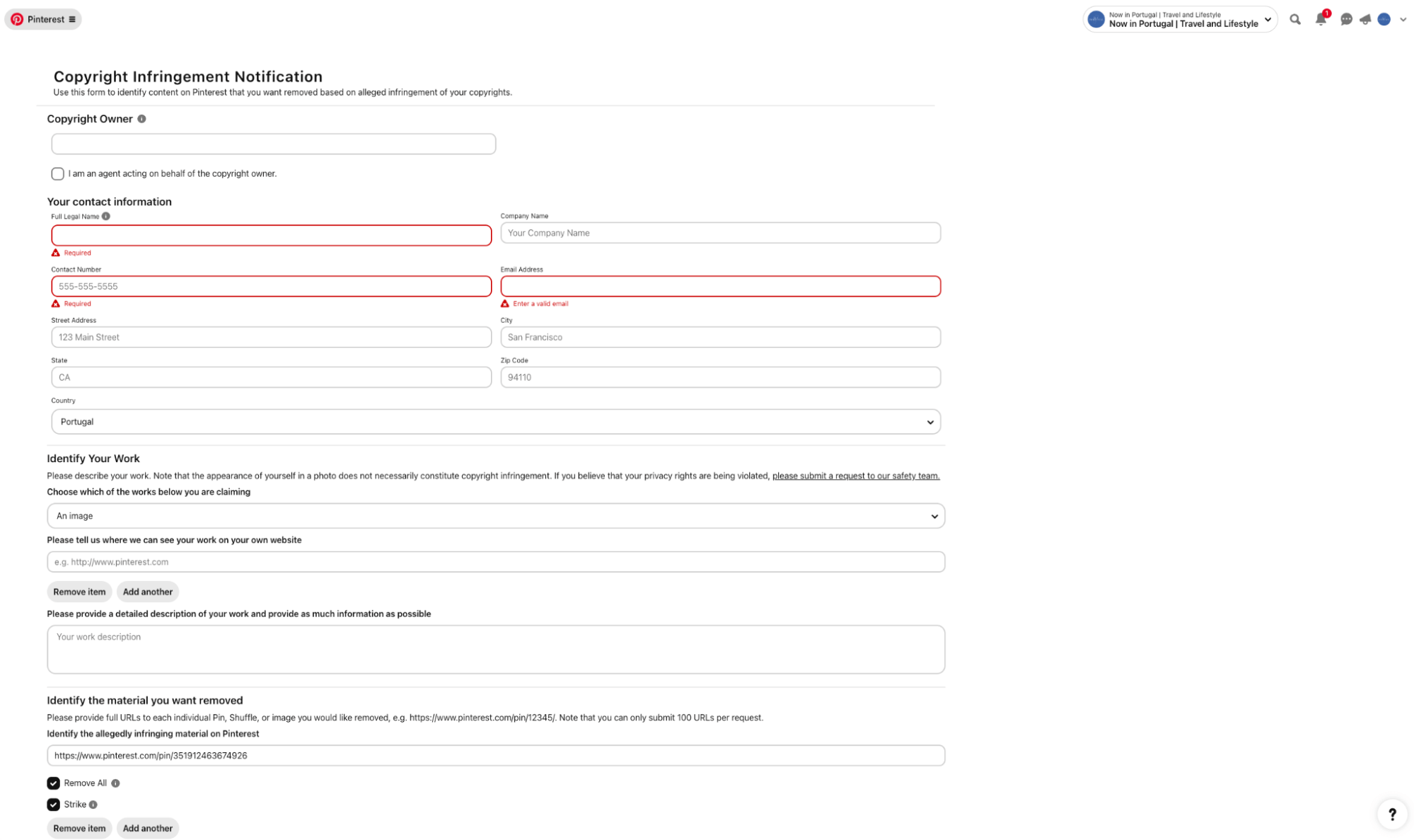 Screenshot of reporting a stolen pin on Pinterest 