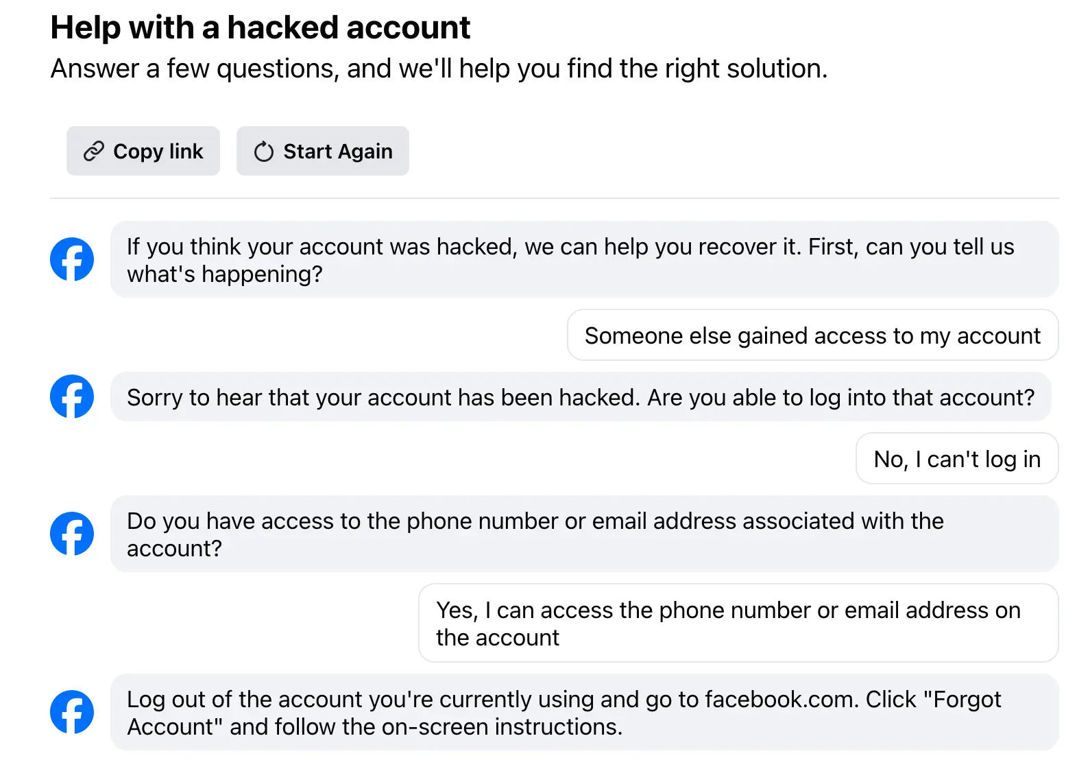 A screenshot from Facebook's Guided Help service for hacked account restoration
