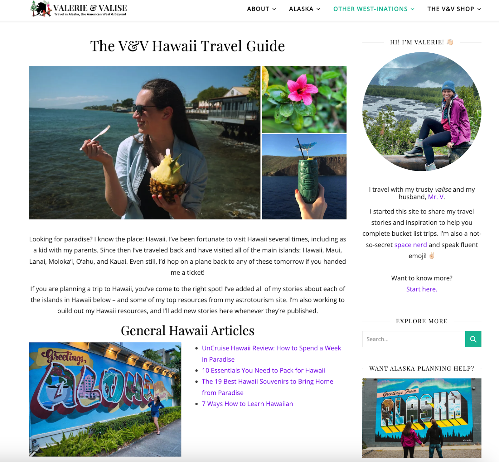 Screenshot of the Hawaii content hub on Valerie & Valise