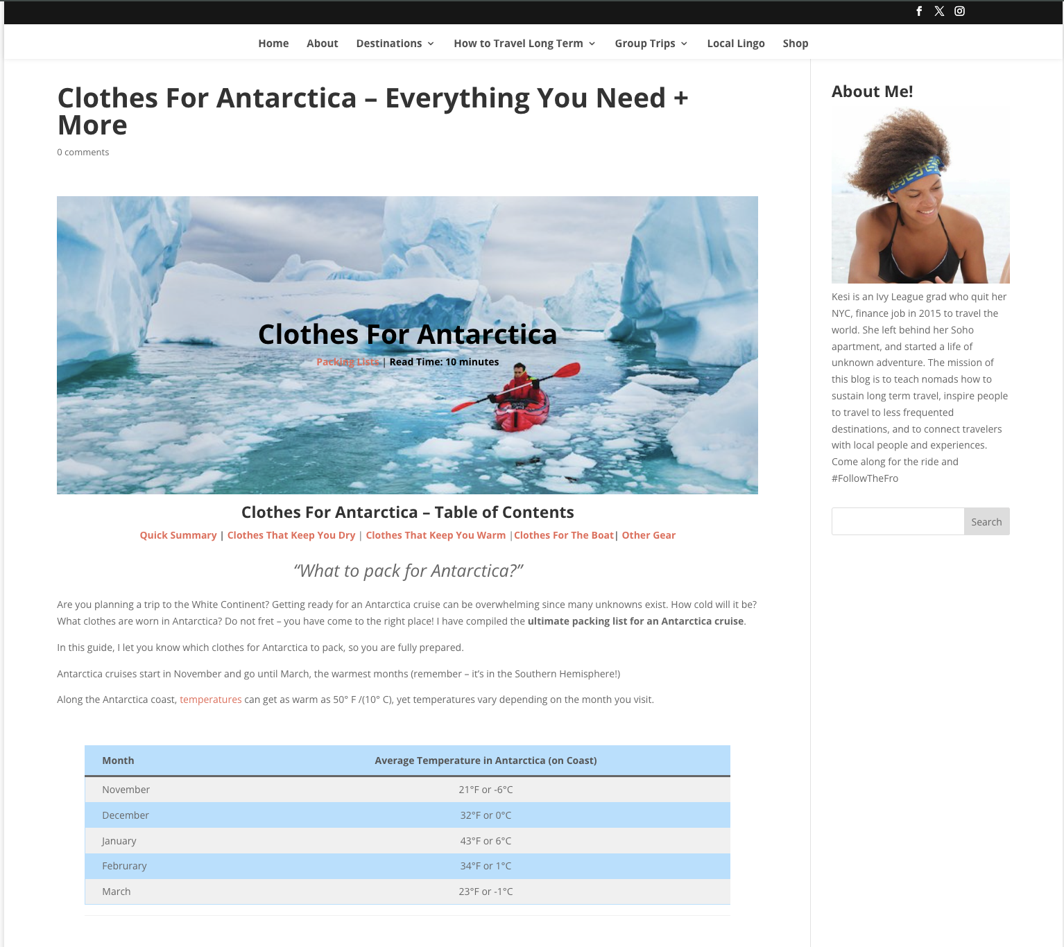 Screenshot of the article about clothes for Antarctica on Kesito & Fro