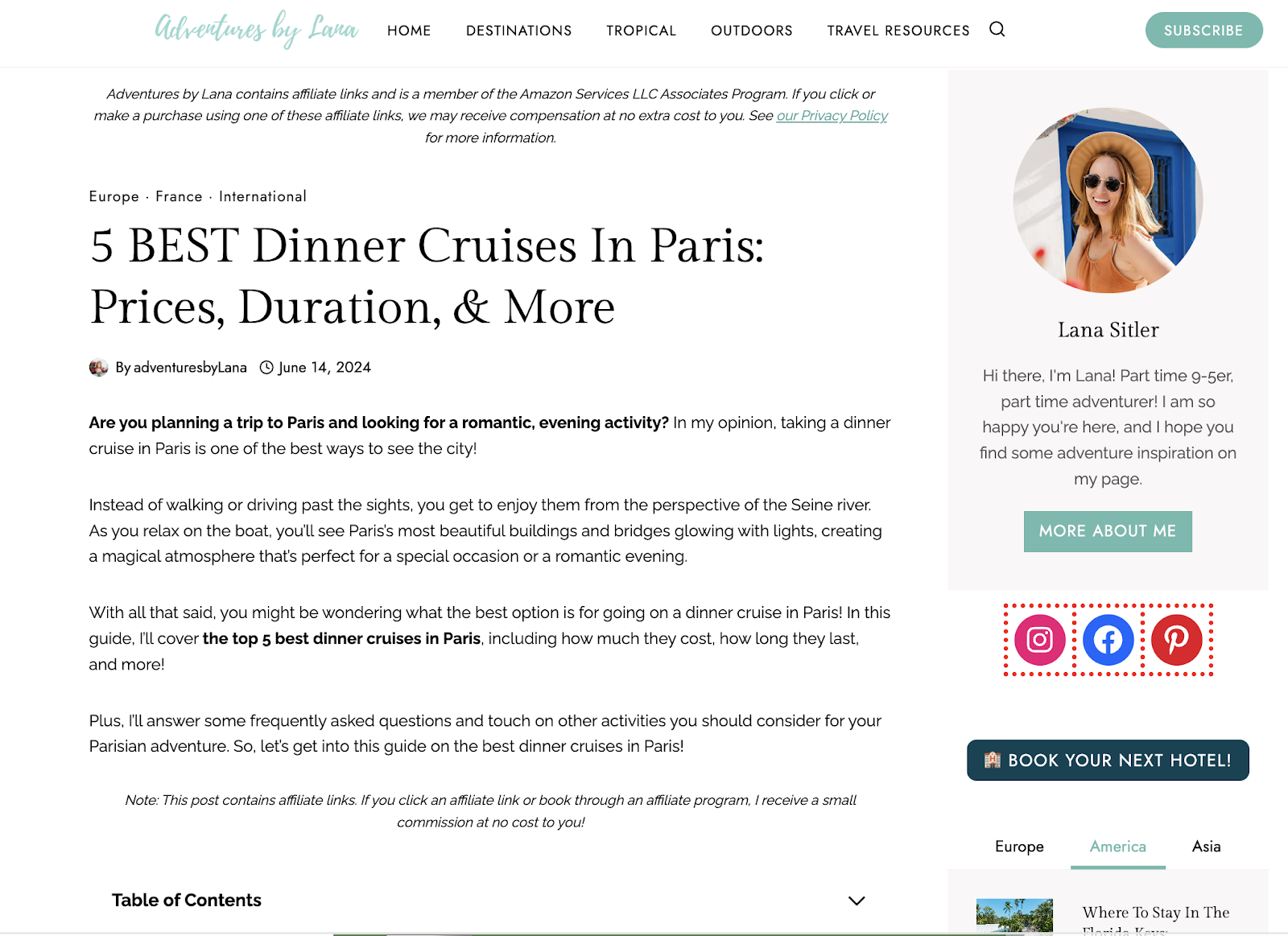 Screenshot of the affiliate article on Adventures by Lana about dinner cruises in Paris